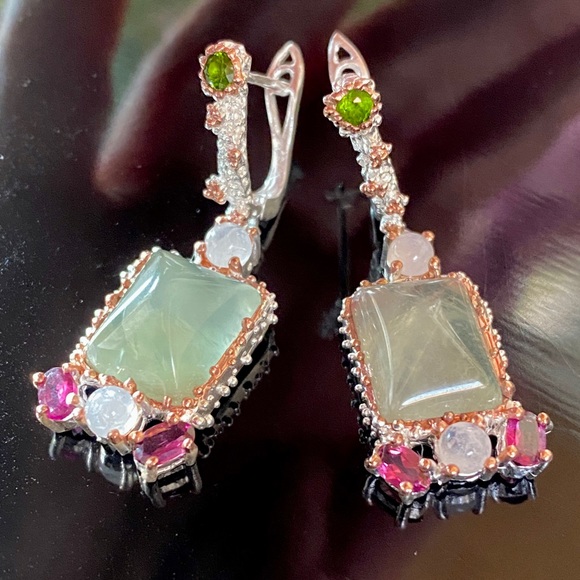 Elegant Genuine Prehnite Sterling Silver Earrings - Picture 5 of 17